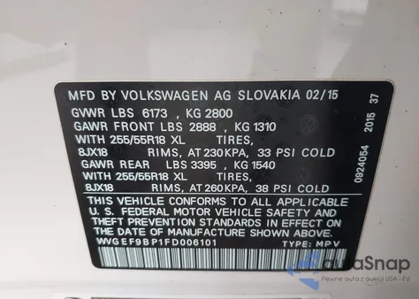 2015 Volkswagen Touareg V6 Sport z USA, uszkodzony, nr VIN WVGEF9BP1FD006101